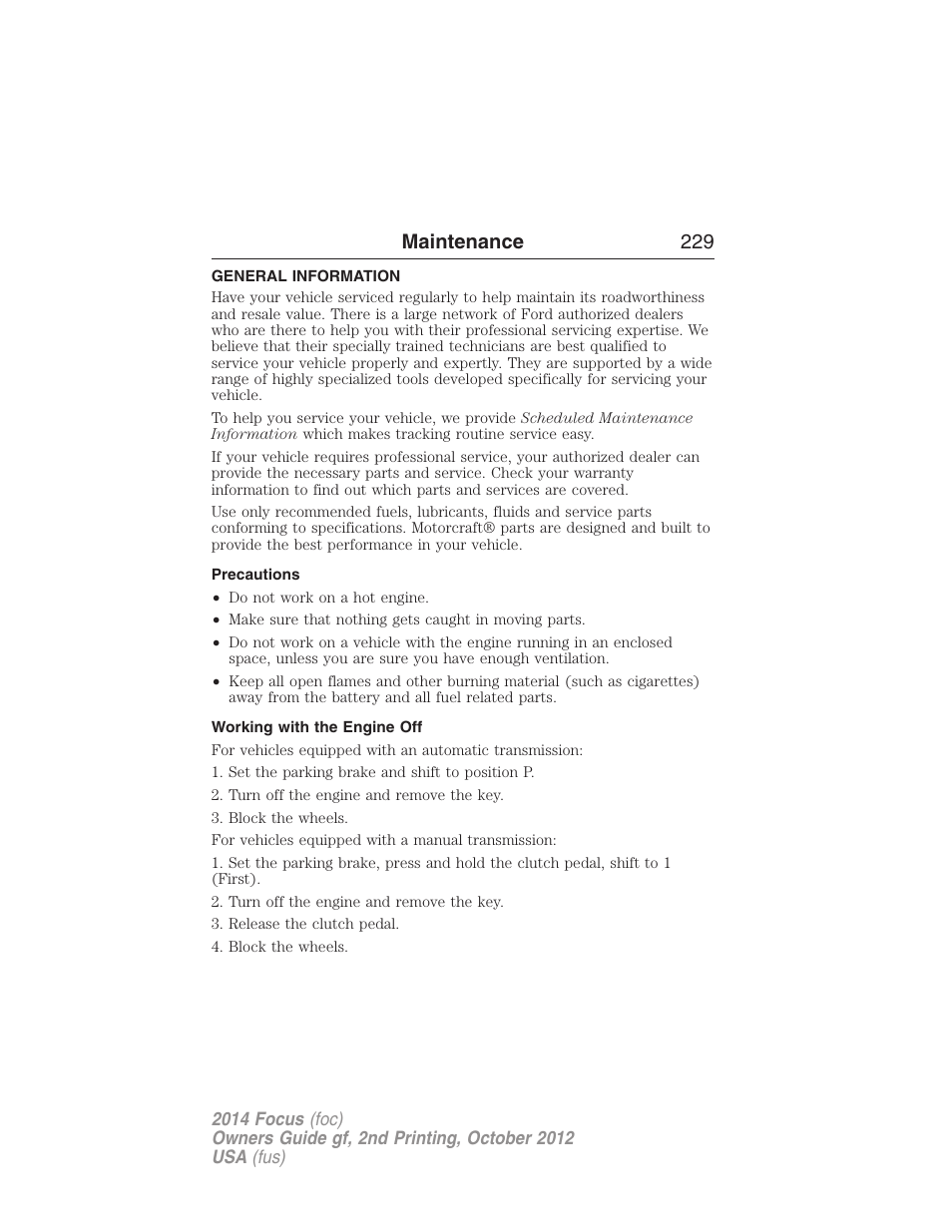 Maintenance, General information, Precautions | Working with the engine off, Maintenance 229 | FORD 2014 Focus v.2 User Manual | Page 230 / 488