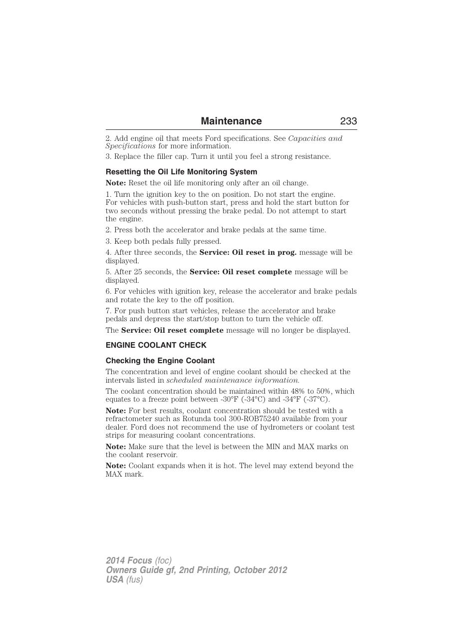 Resetting the oil life monitoring system, Engine coolant check, Checking the engine coolant | Maintenance 233 | FORD 2014 Focus v.2 User Manual | Page 234 / 488