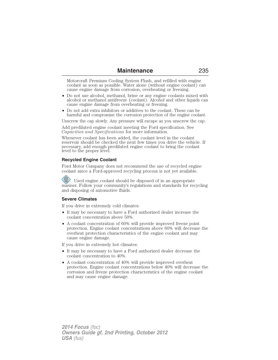 Recycled engine coolant, Severe climates, Maintenance 235 | FORD 2014 Focus v.2 User Manual | Page 236 / 488