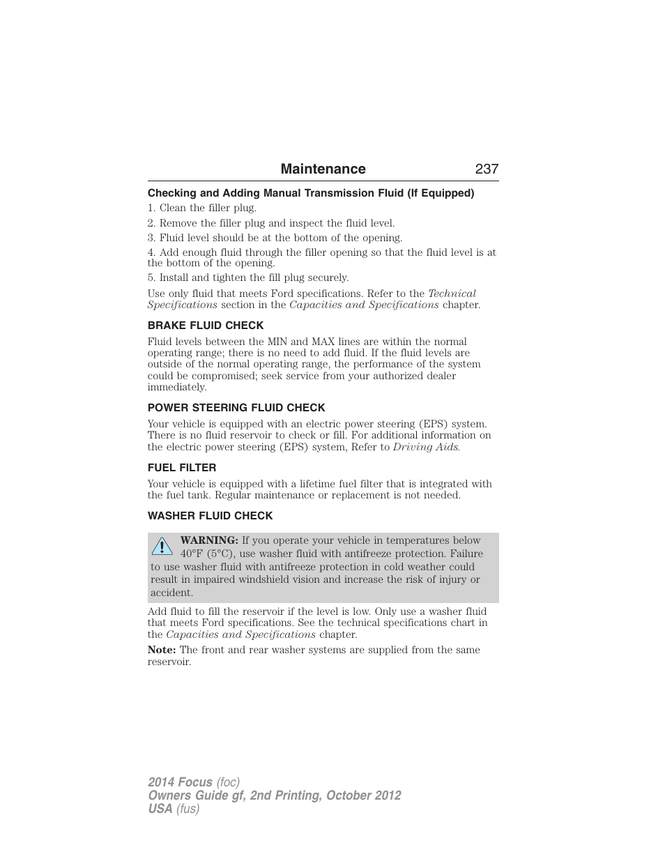 Brake fluid check, Power steering fluid check, Fuel filter | Washer fluid check, Maintenance 237 | FORD 2014 Focus v.2 User Manual | Page 238 / 488