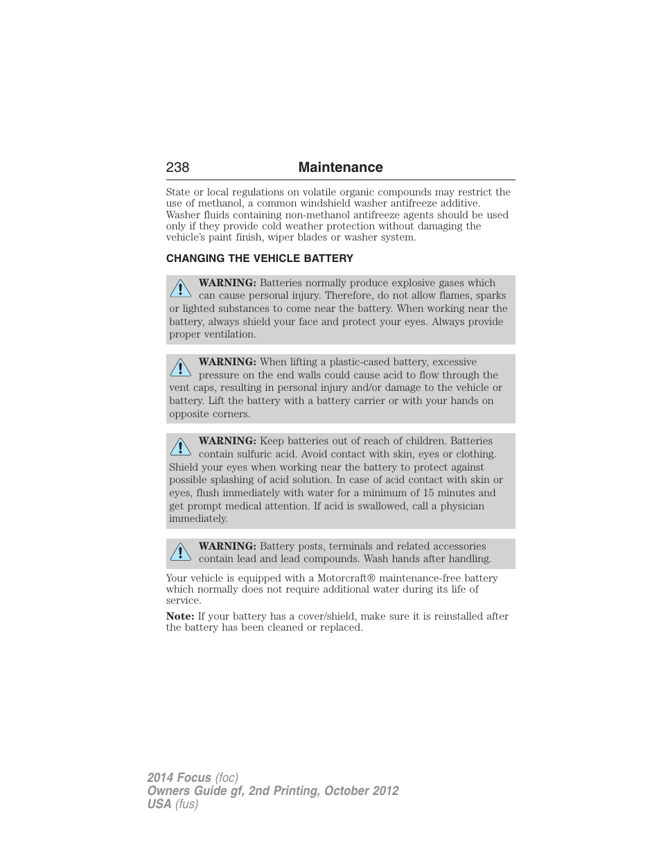 Changing the vehicle battery, 238 maintenance | FORD 2014 Focus v.2 User Manual | Page 239 / 488