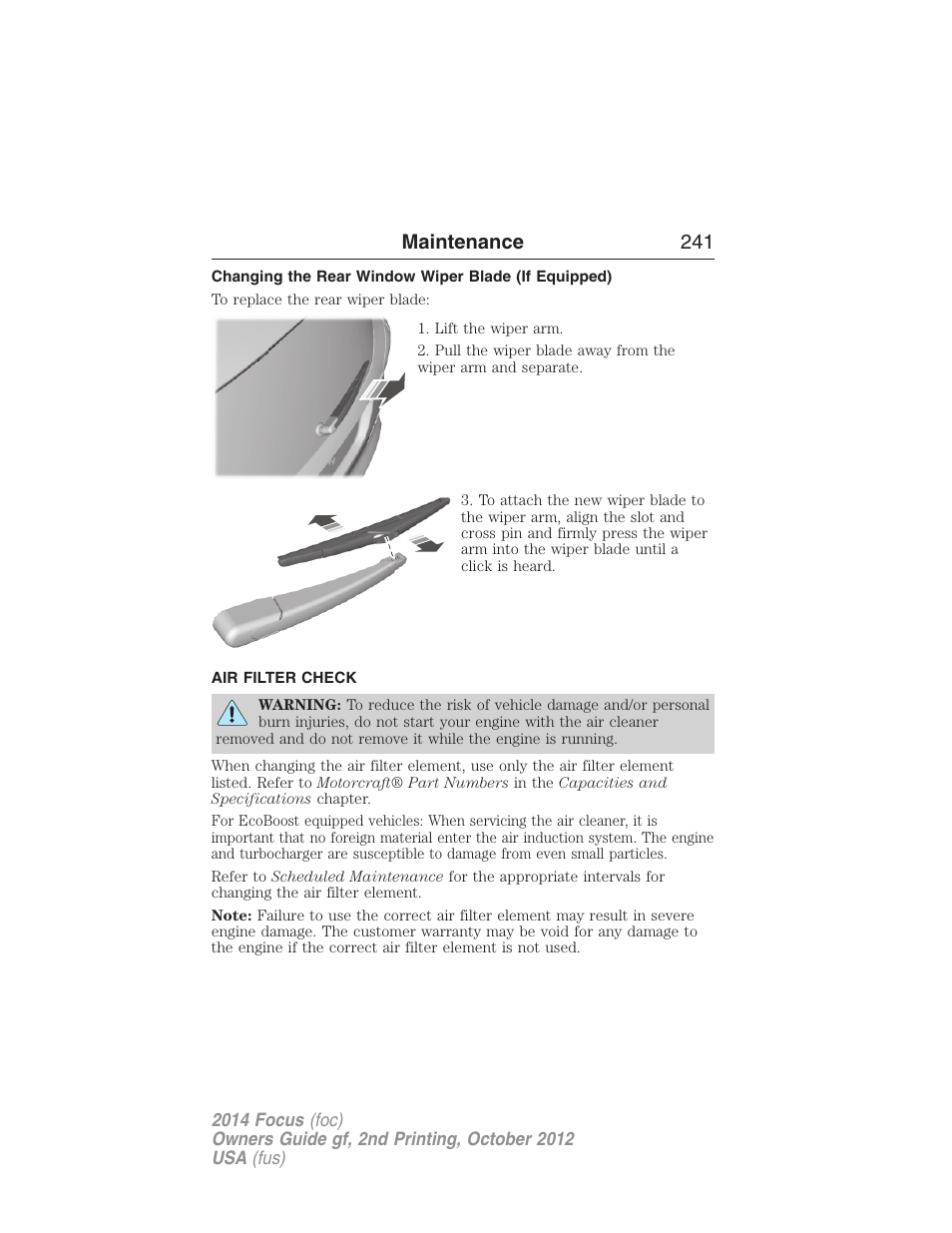 Changing the rear window wiper blade (if equipped), Air filter check, Air filter(s) | Maintenance 241 | FORD 2014 Focus v.2 User Manual | Page 242 / 488