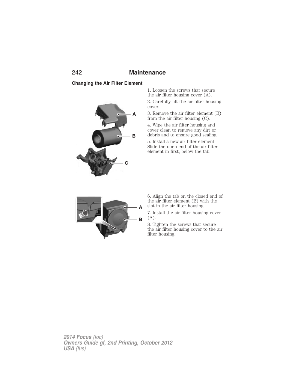 Changing the air filter element, 242 maintenance | FORD 2014 Focus v.2 User Manual | Page 243 / 488