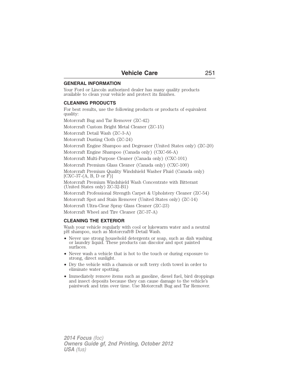 Vehicle care, General information, Cleaning products | Cleaning the exterior, Vehicle care 251 | FORD 2014 Focus v.2 User Manual | Page 252 / 488
