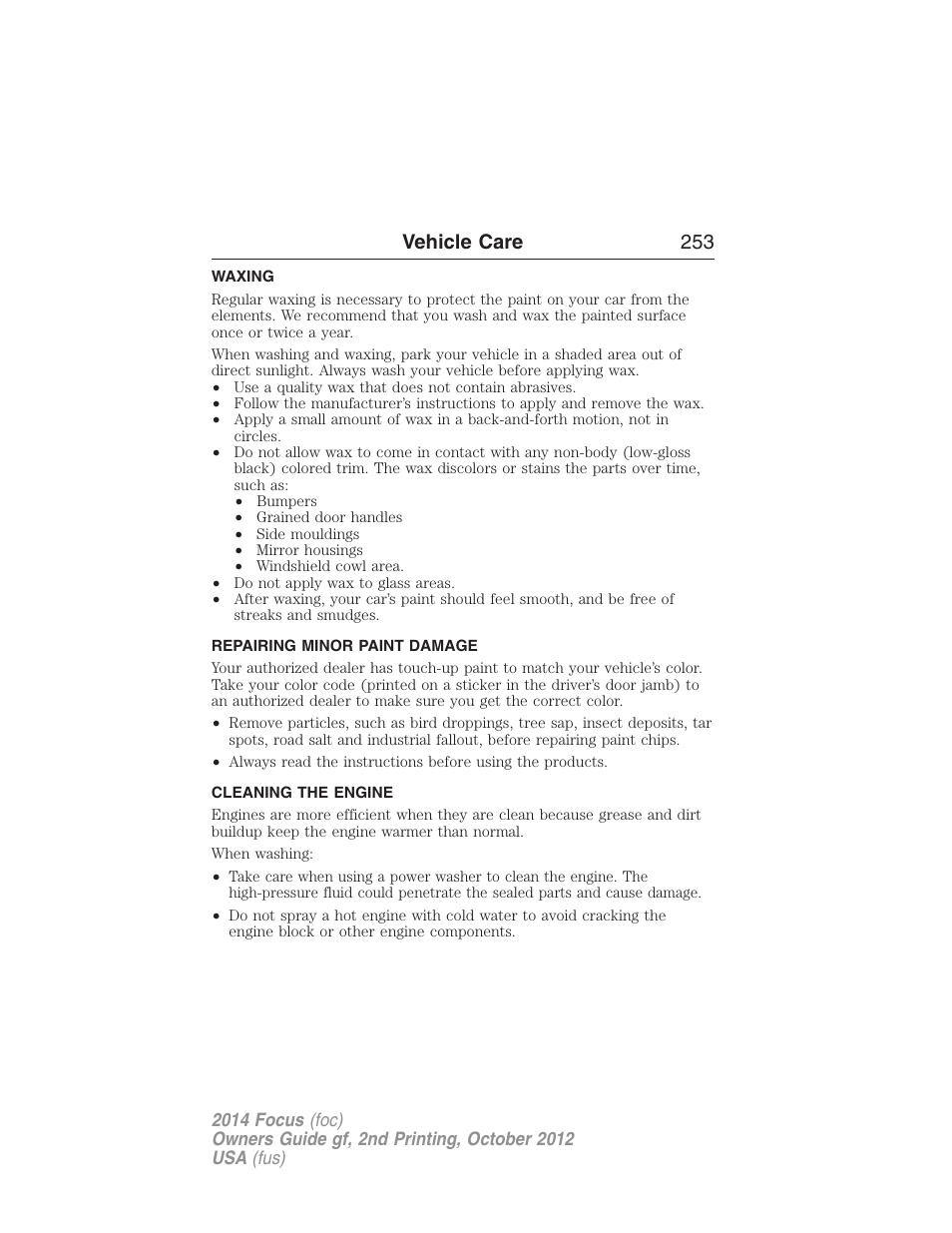 Waxing, Repairing minor paint damage, Cleaning the engine | Vehicle care 253 | FORD 2014 Focus v.2 User Manual | Page 254 / 488