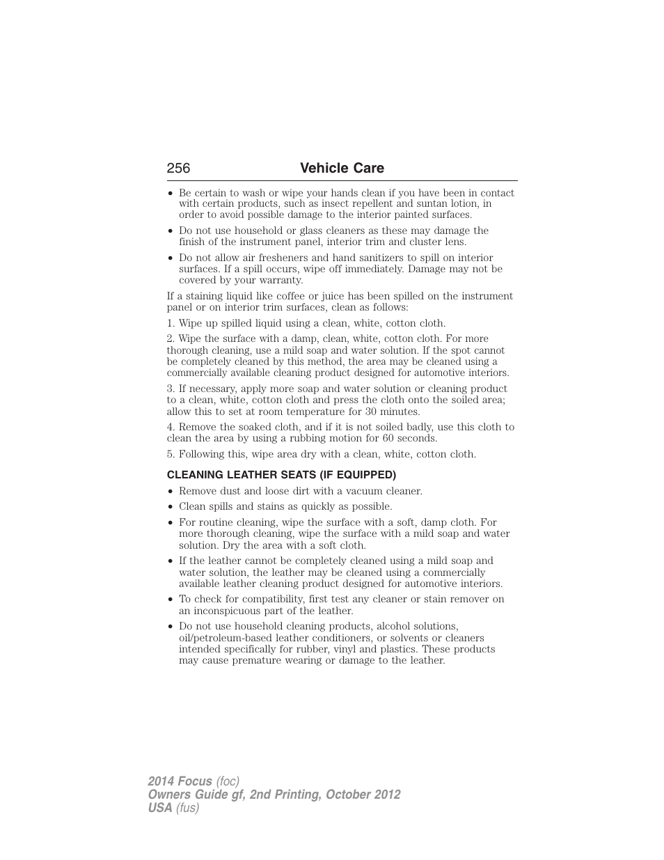 Cleaning leather seats (if equipped), Cleaning leather seats, 256 vehicle care | FORD 2014 Focus v.2 User Manual | Page 257 / 488