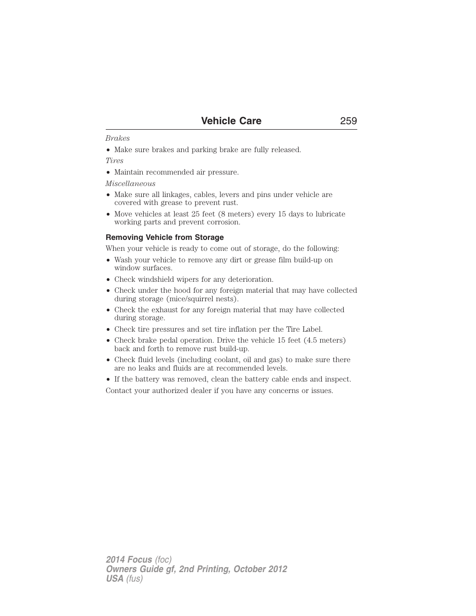 Removing vehicle from storage, Vehicle care 259 | FORD 2014 Focus v.2 User Manual | Page 260 / 488