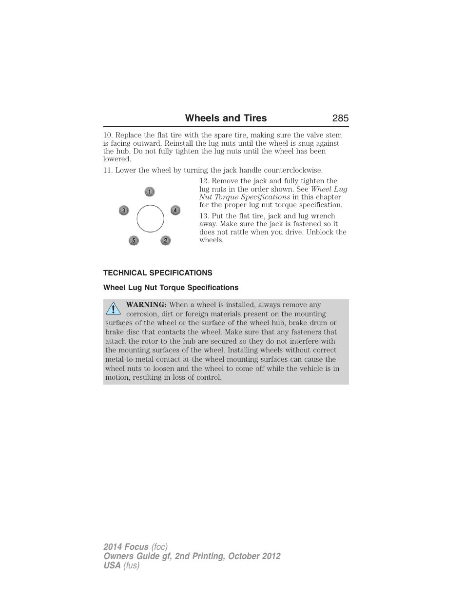 Technical specifications, Wheel lug nut torque specifications, Wheel lug nut torque | Wheels and tires 285 | FORD 2014 Focus v.2 User Manual | Page 286 / 488
