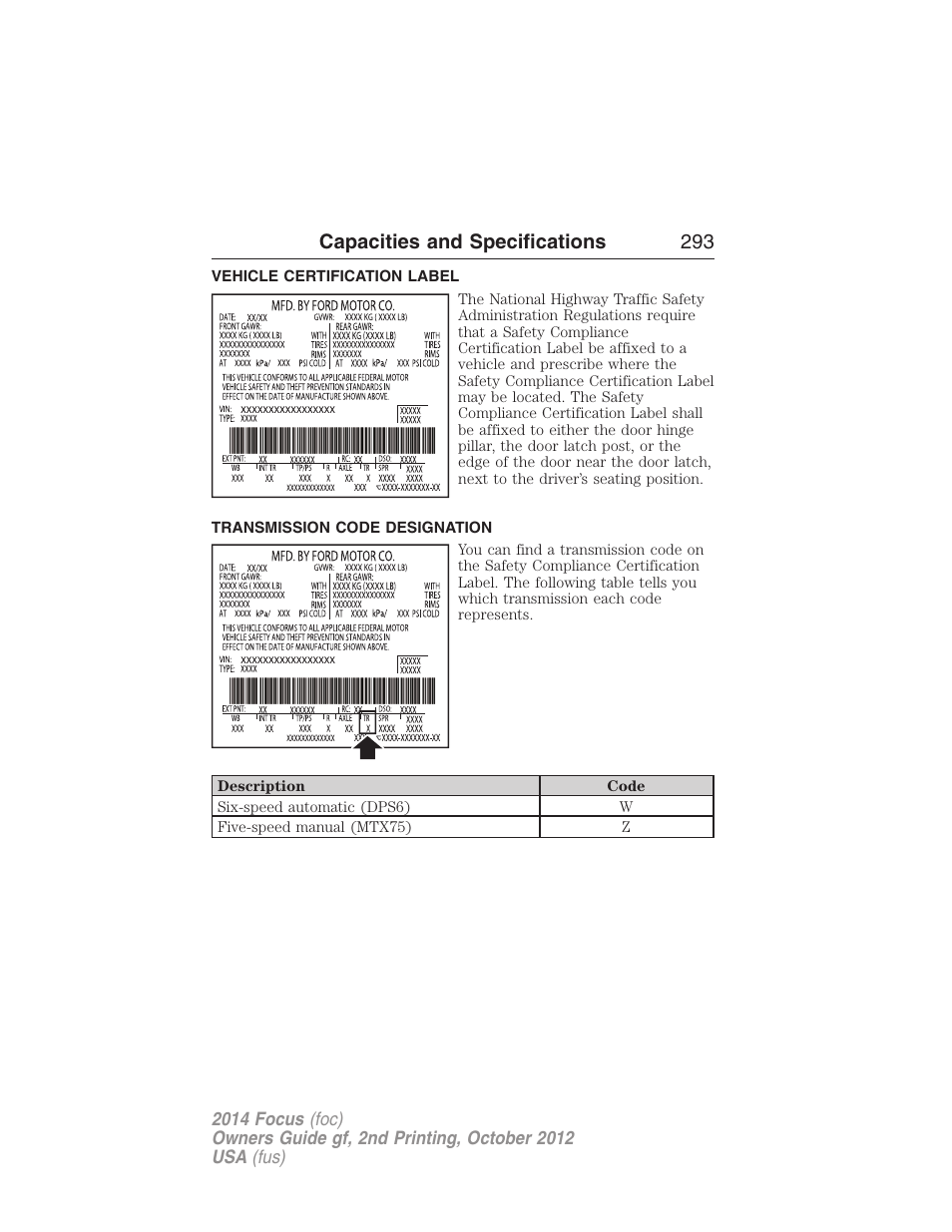 Vehicle certification label, Transmission code designation, Capacities and specifications 293 | FORD 2014 Focus v.2 User Manual | Page 294 / 488