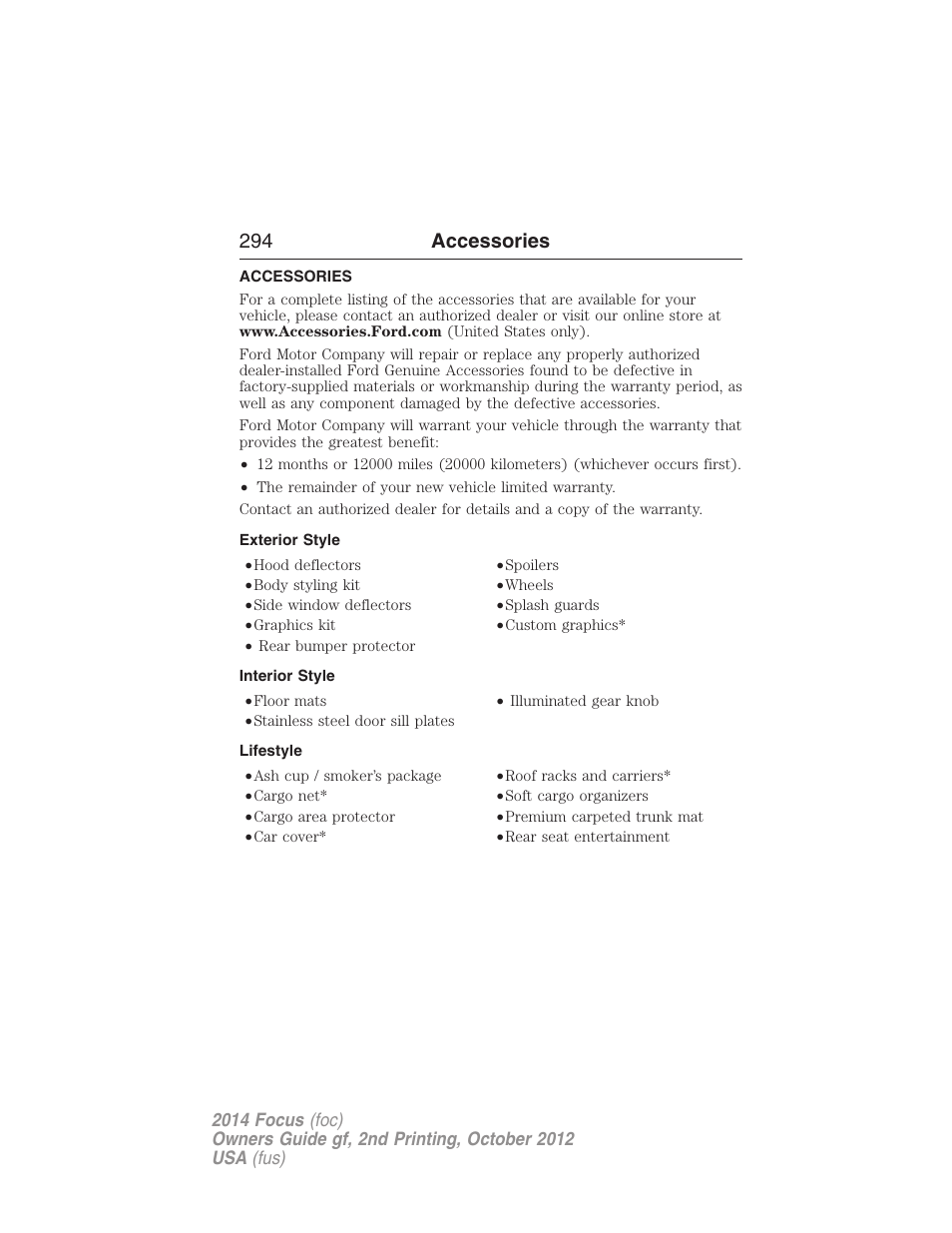 Accessories, Exterior style, Interior style | Lifestyle, 294 accessories | FORD 2014 Focus v.2 User Manual | Page 295 / 488