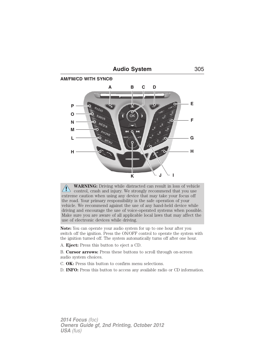 Am/fm/cd with sync, Audio system 305 | FORD 2014 Focus v.2 User Manual | Page 306 / 488