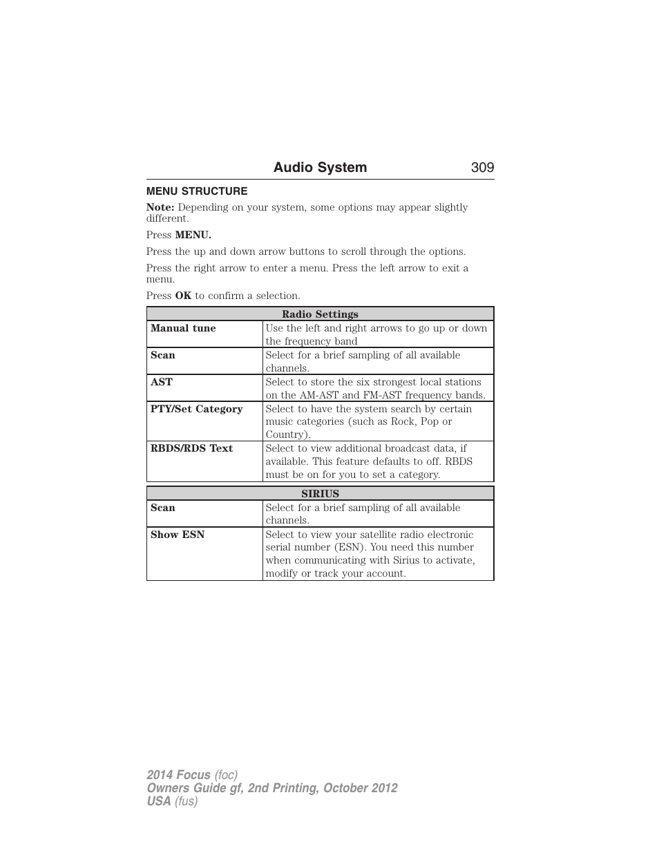 Menu structure, Audio system 309 | FORD 2014 Focus v.2 User Manual | Page 310 / 488