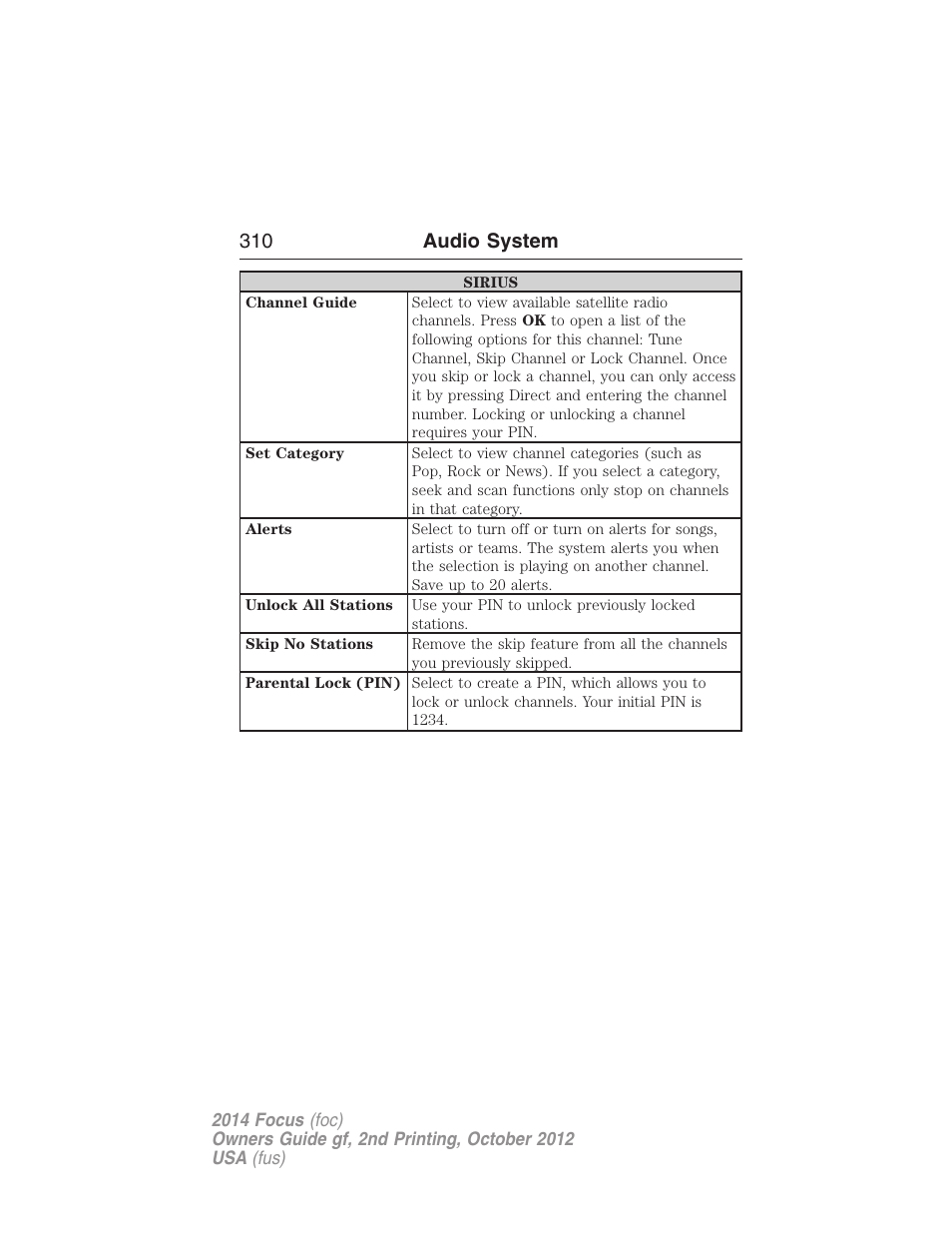 310 audio system | FORD 2014 Focus v.2 User Manual | Page 311 / 488