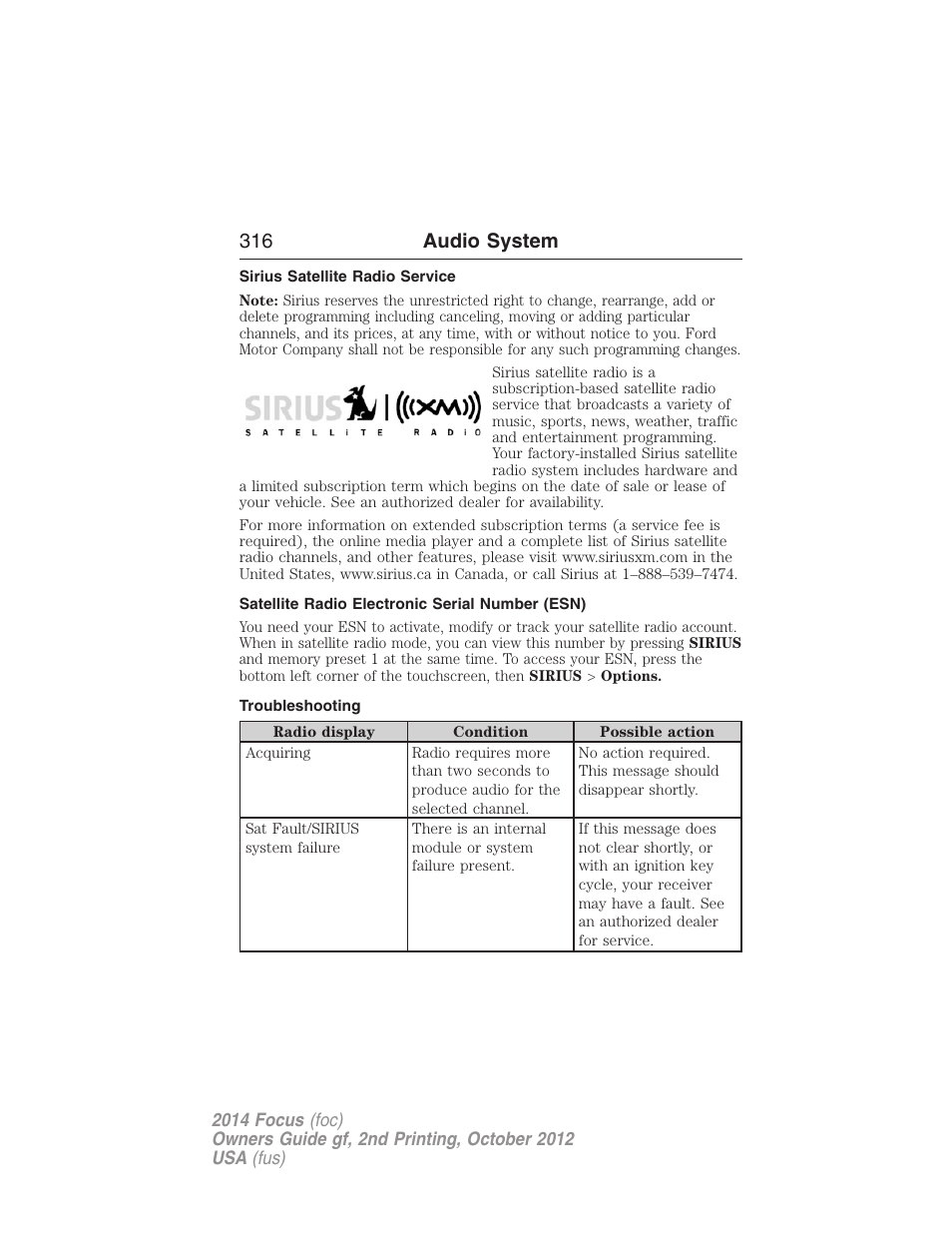 Sirius satellite radio service, Satellite radio electronic serial number (esn), Troubleshooting | 316 audio system | FORD 2014 Focus v.2 User Manual | Page 317 / 488
