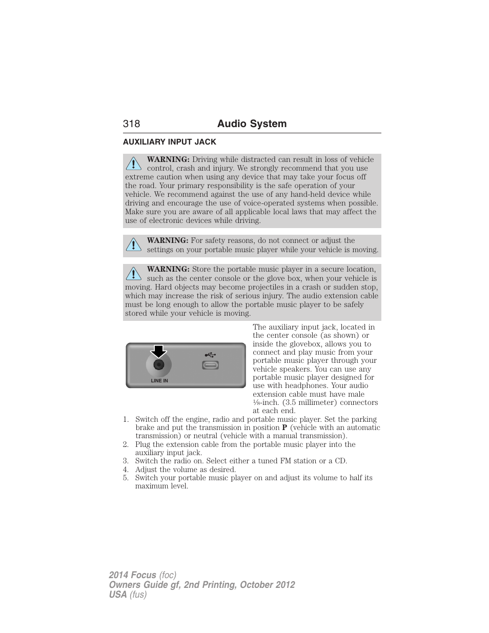 Auxiliary input jack, 318 audio system | FORD 2014 Focus v.2 User Manual | Page 319 / 488