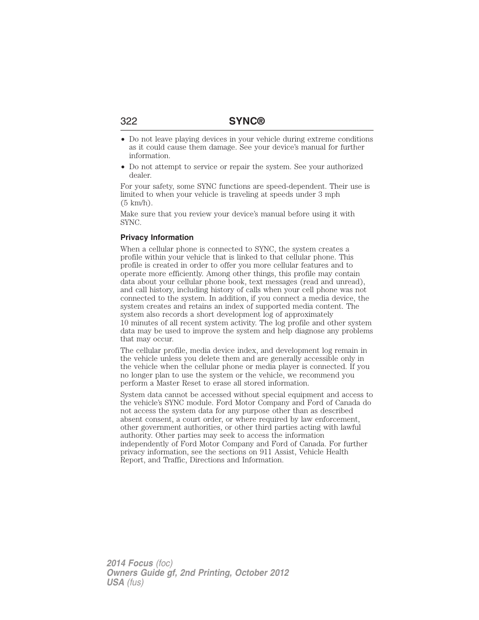 Privacy information, 322 sync | FORD 2014 Focus v.2 User Manual | Page 323 / 488