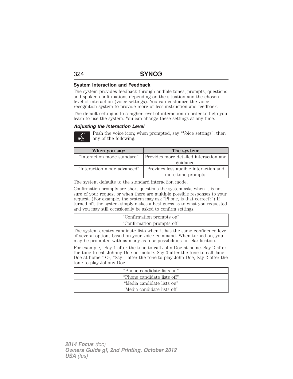 System interaction and feedback, Adjusting the interaction level, 324 sync | FORD 2014 Focus v.2 User Manual | Page 325 / 488