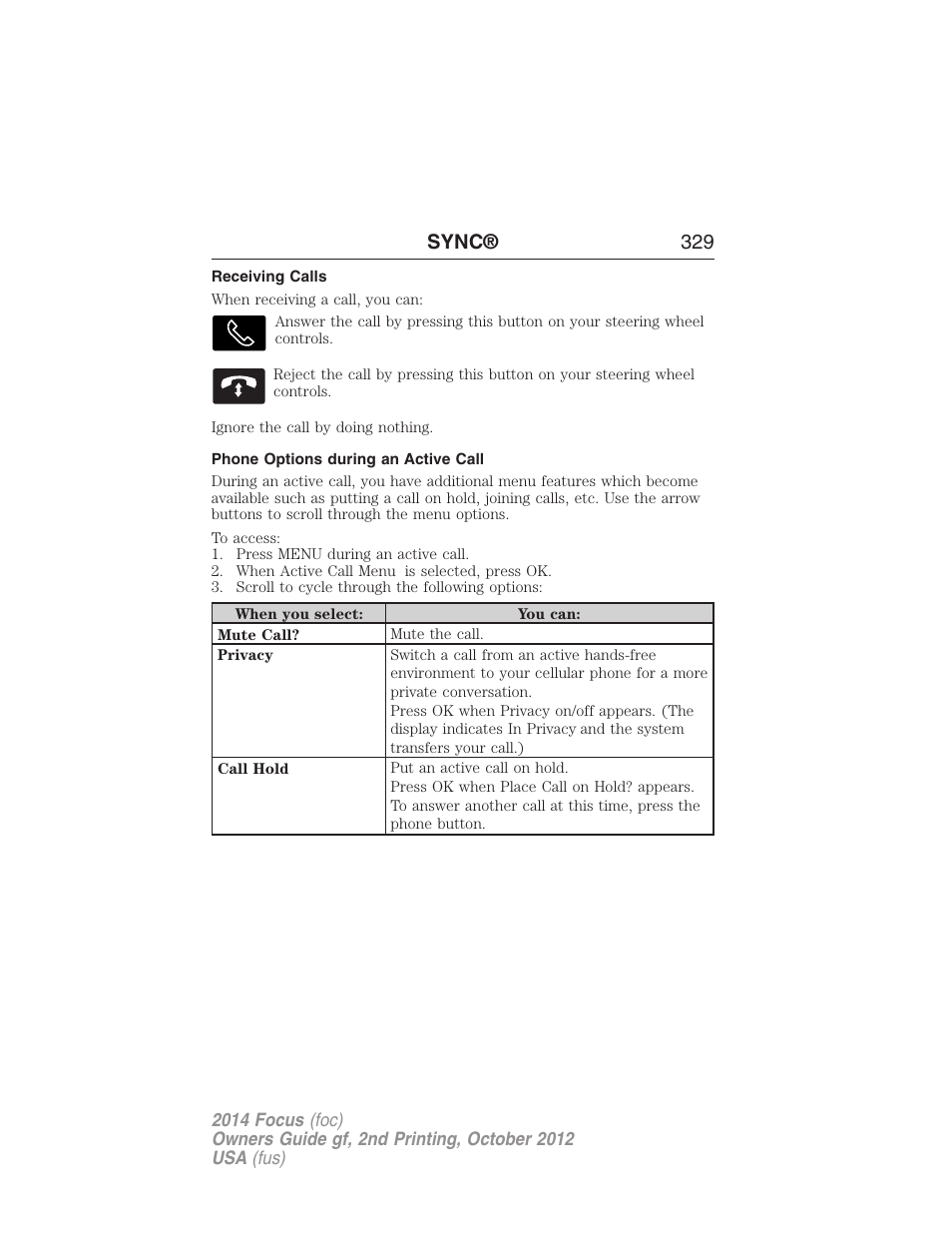 Receiving calls, Phone options during an active call, Sync® 329 | FORD 2014 Focus v.2 User Manual | Page 330 / 488