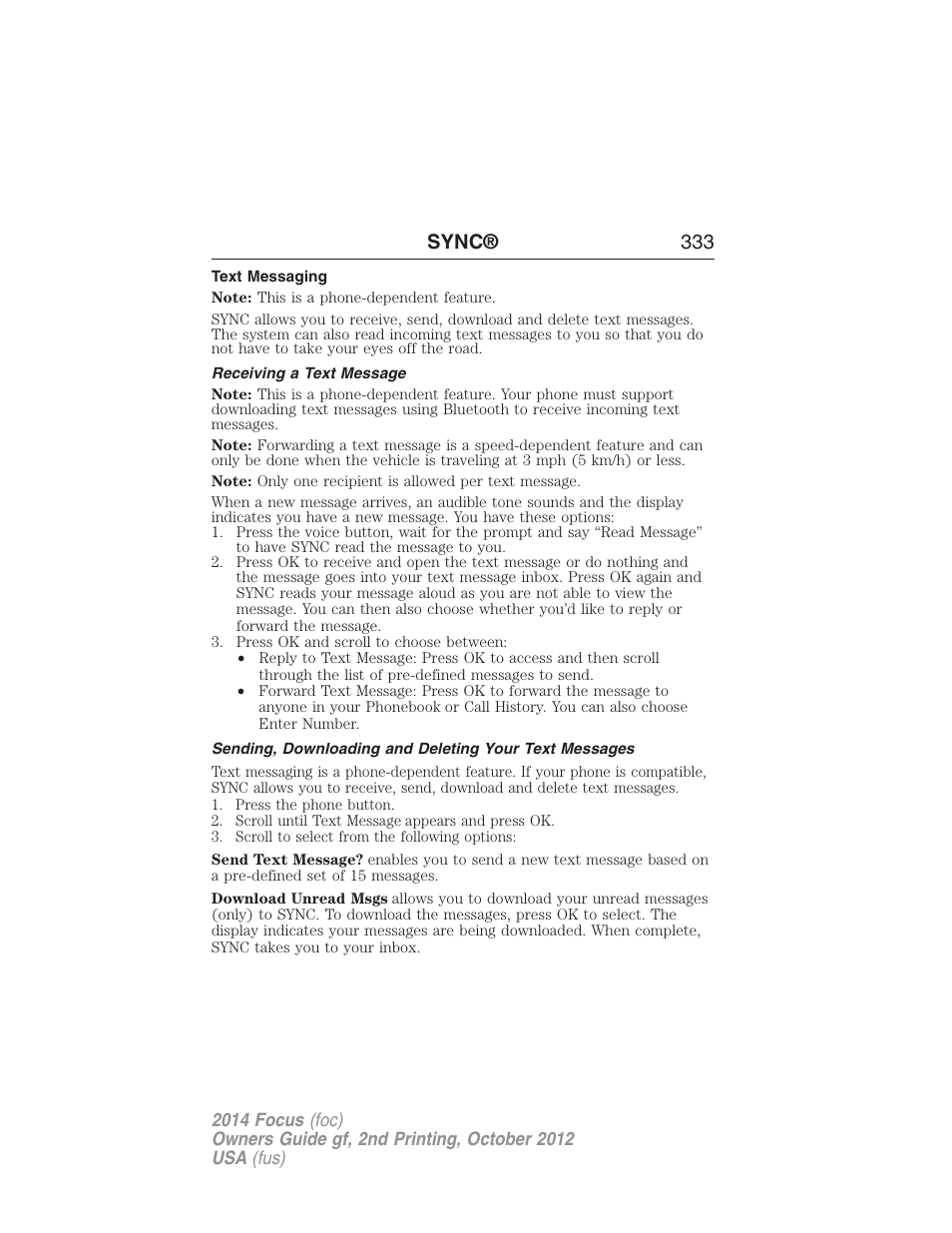 Text messaging, Receiving a text message, Sync® 333 | FORD 2014 Focus v.2 User Manual | Page 334 / 488