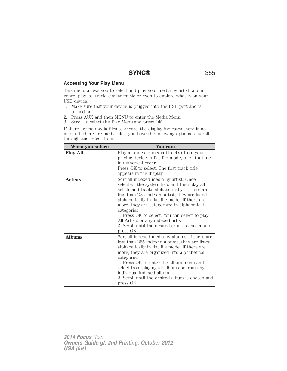 Accessing your play menu, Sync® 355 | FORD 2014 Focus v.2 User Manual | Page 356 / 488