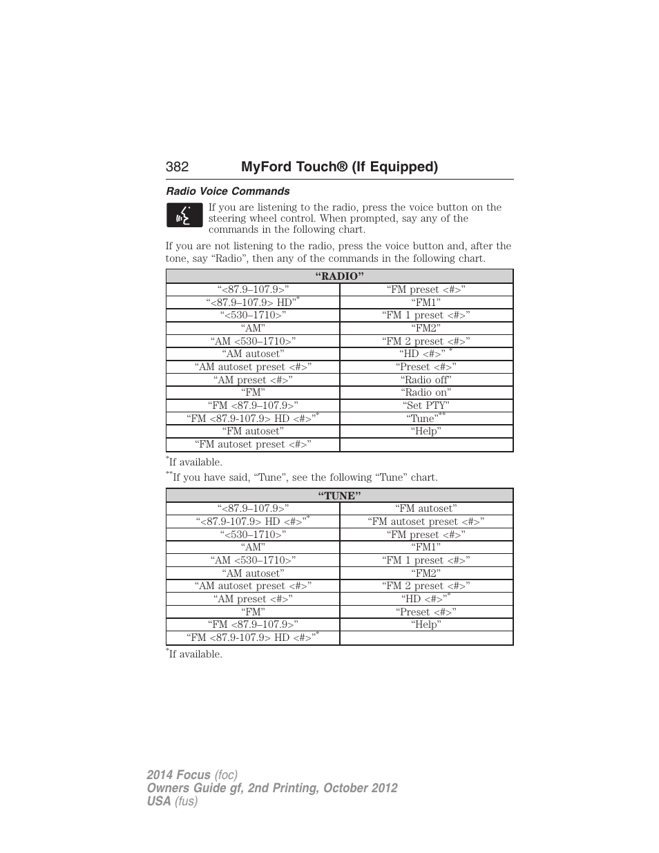 Radio voice commands, 382 myford touch® (if equipped) | FORD 2014 Focus v.2 User Manual | Page 383 / 488