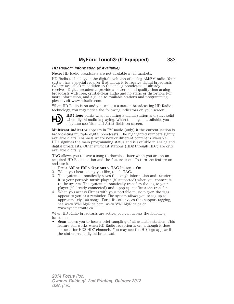 Hd radio™ information (if available), Myford touch® (if equipped) 383 | FORD 2014 Focus v.2 User Manual | Page 384 / 488