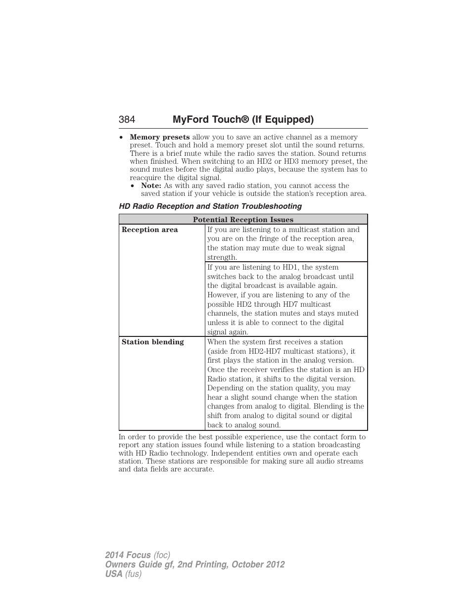 Hd radio reception and station troubleshooting, 384 myford touch® (if equipped) | FORD 2014 Focus v.2 User Manual | Page 385 / 488