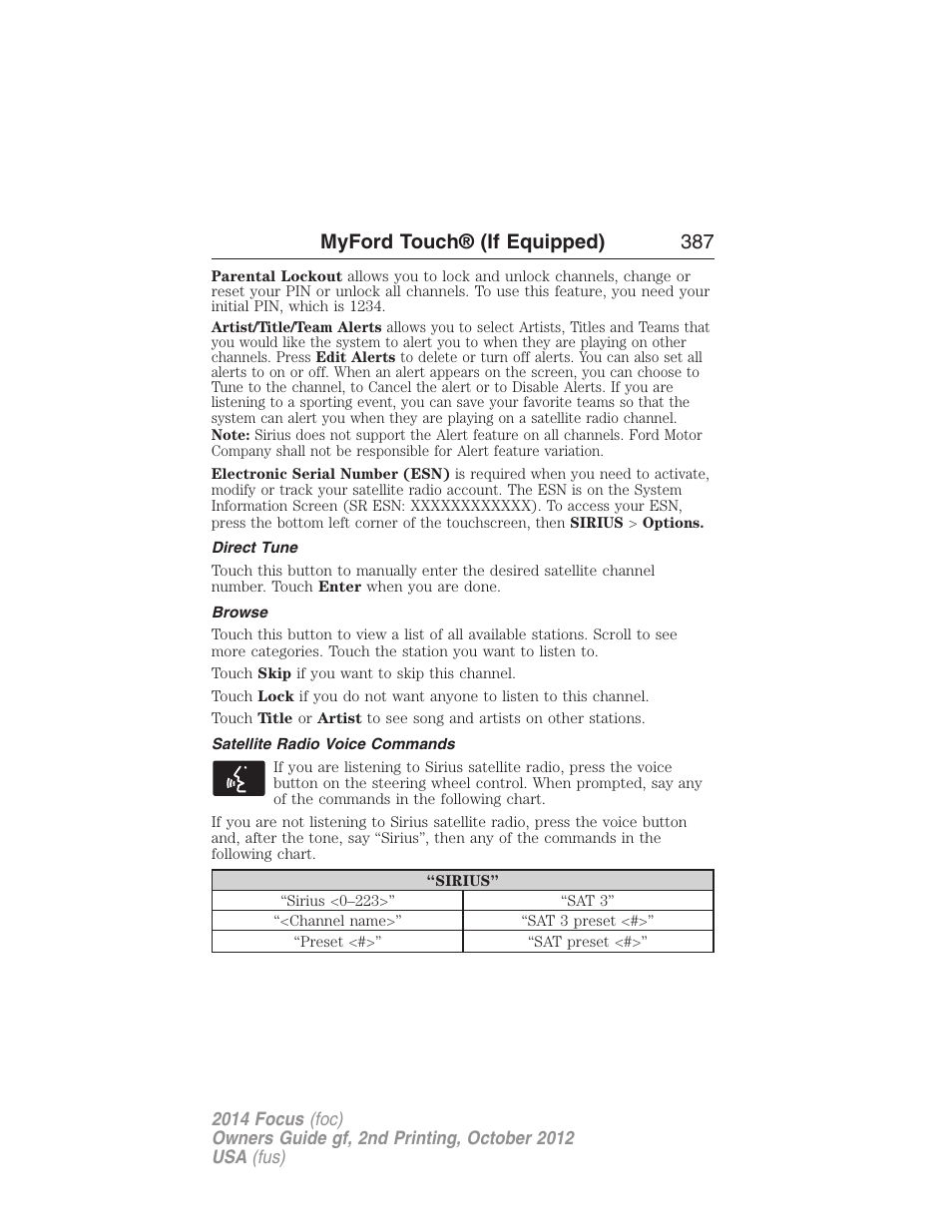 Direct tune, Browse, Satellite radio voice commands | Myford touch® (if equipped) 387 | FORD 2014 Focus v.2 User Manual | Page 388 / 488