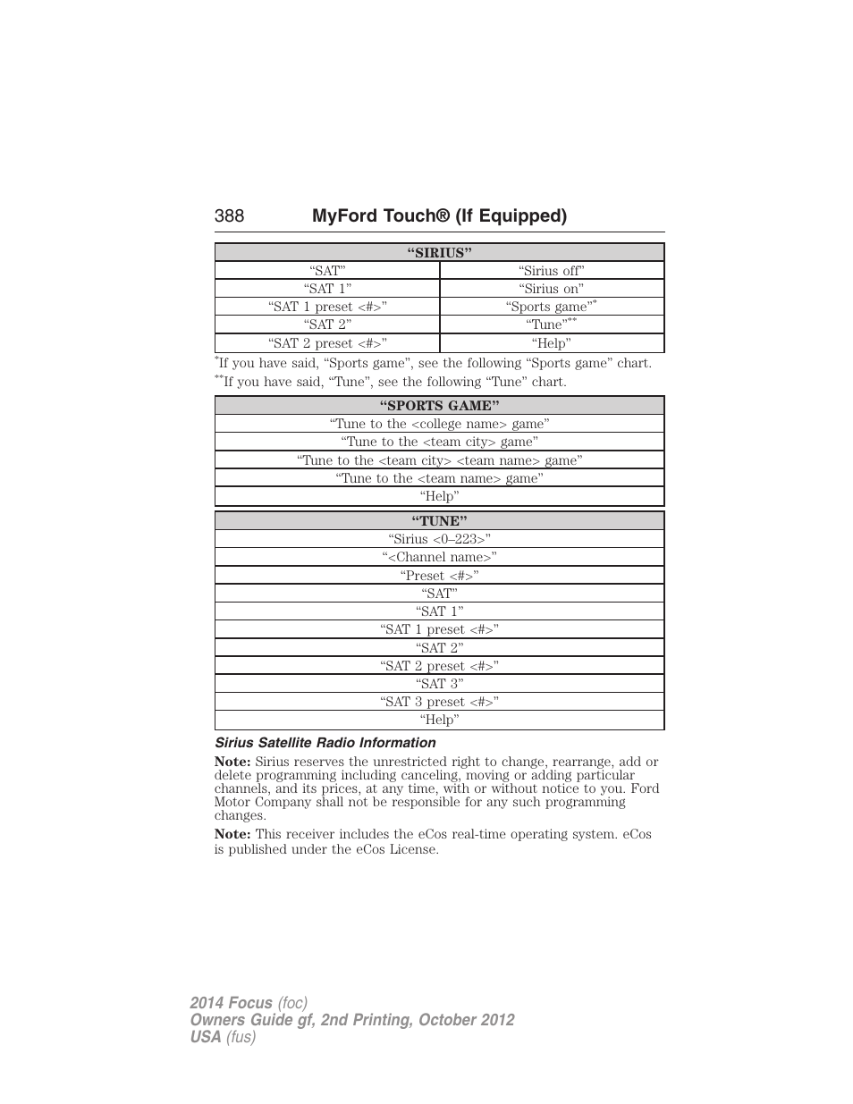 Sirius satellite radio information, 388 myford touch® (if equipped) | FORD 2014 Focus v.2 User Manual | Page 389 / 488