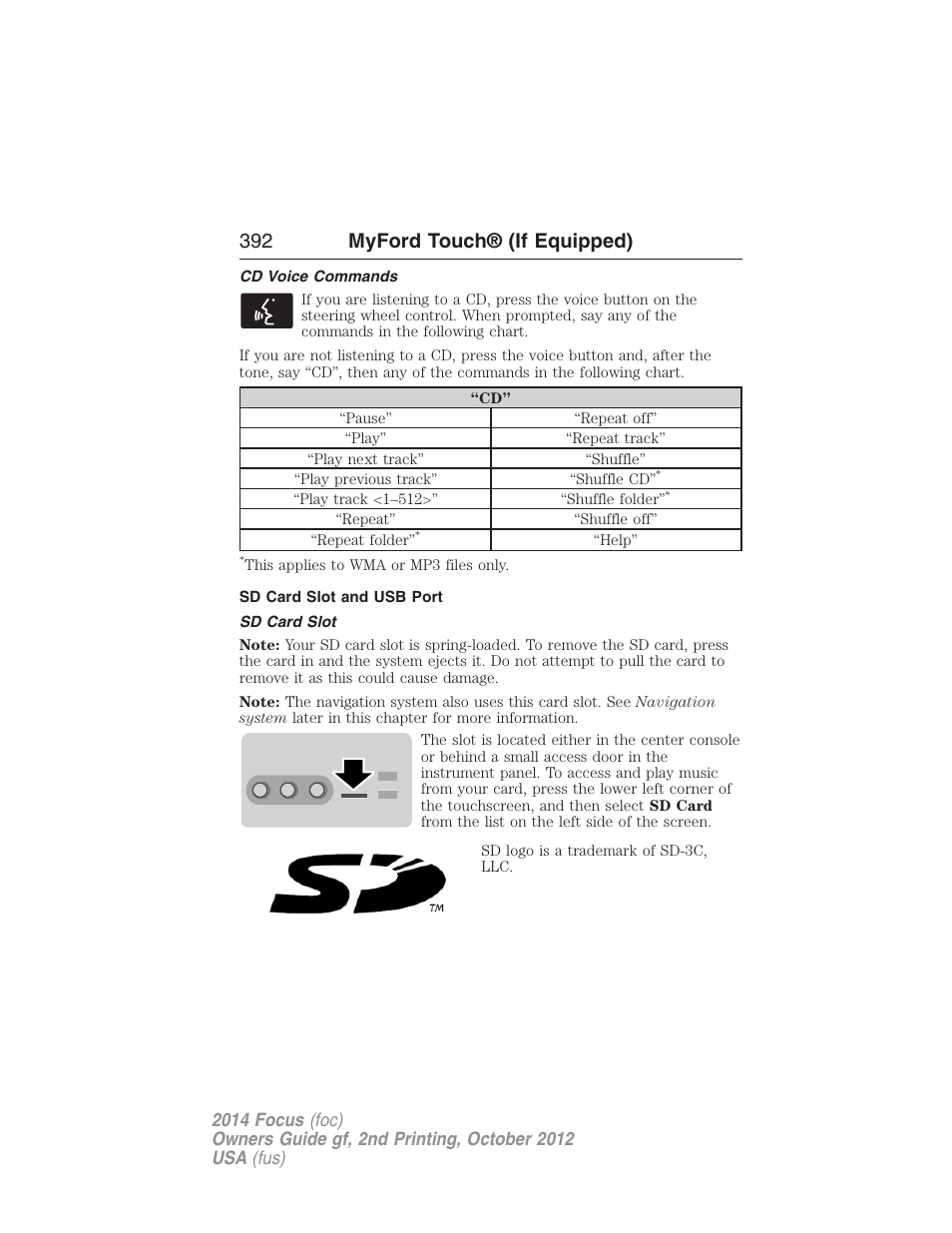 Cd voice commands, Sd card slot and usb port, Sd card slot | 392 myford touch® (if equipped) | FORD 2014 Focus v.2 User Manual | Page 393 / 488