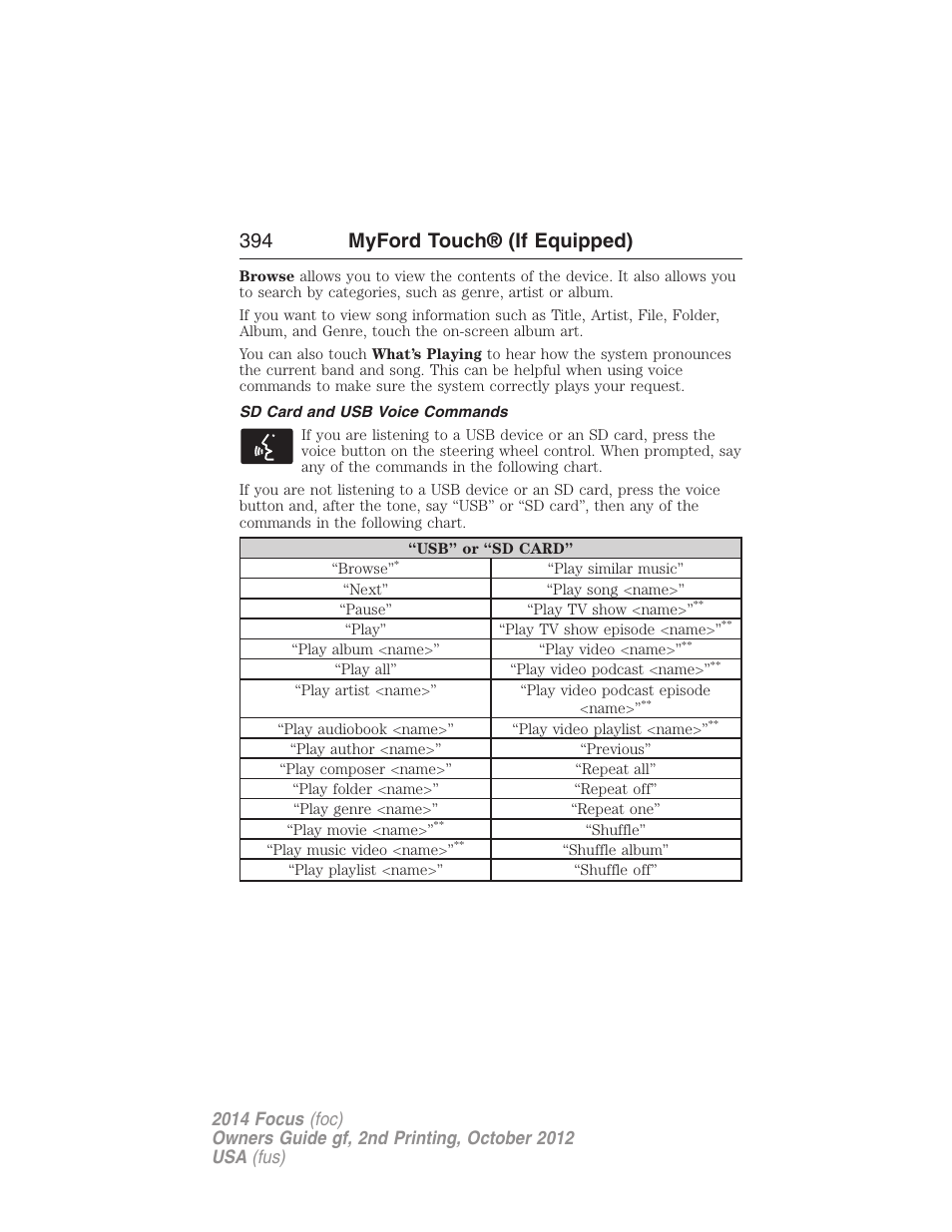 Sd card and usb voice commands, 394 myford touch® (if equipped) | FORD 2014 Focus v.2 User Manual | Page 395 / 488