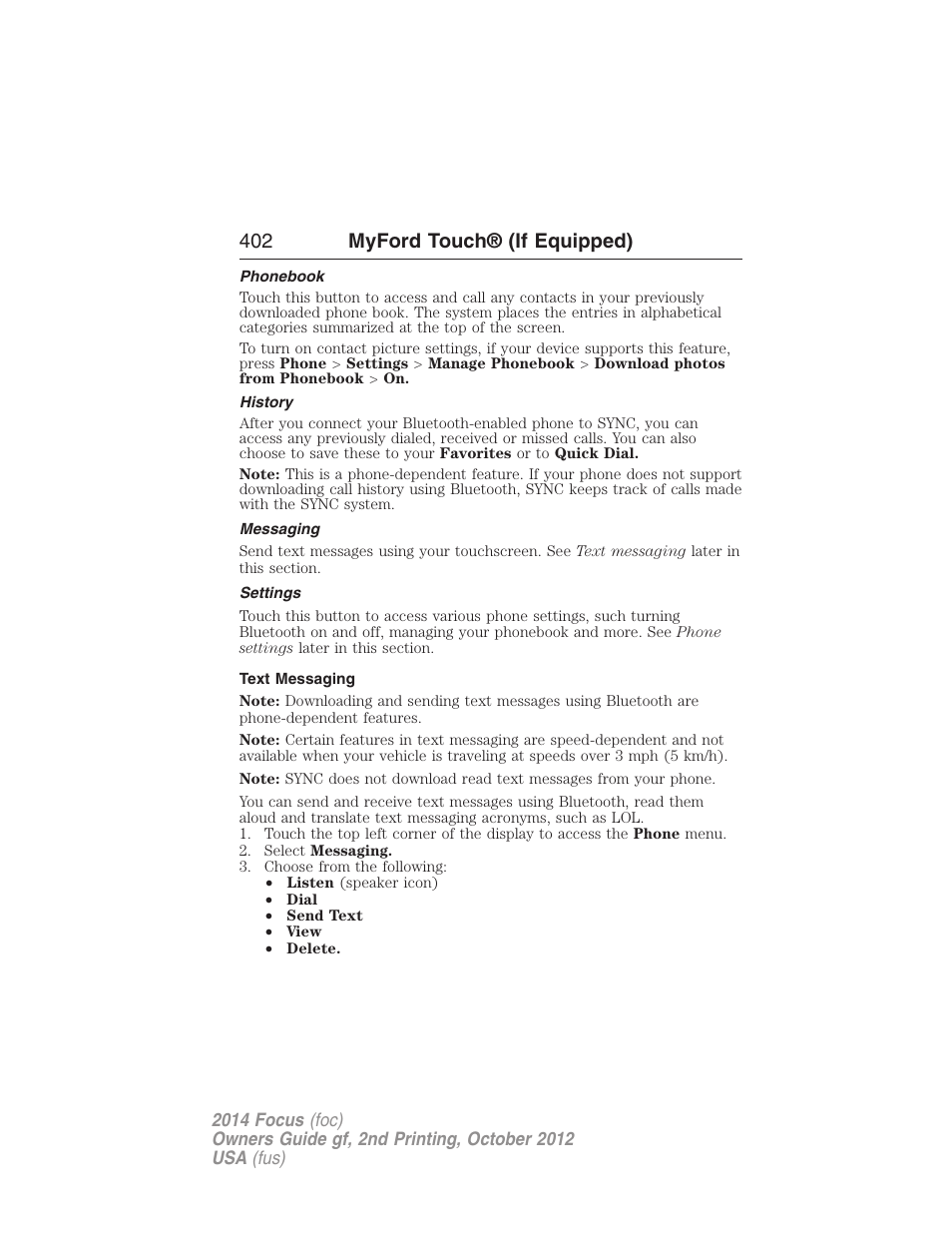 Phonebook, History, Messaging | Settings, Text messaging, 402 myford touch® (if equipped) | FORD 2014 Focus v.2 User Manual | Page 403 / 488