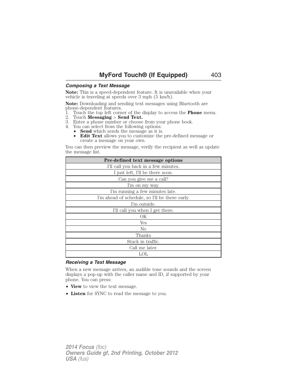 Composing a text message, Receiving a text message, Myford touch® (if equipped) 403 | FORD 2014 Focus v.2 User Manual | Page 404 / 488