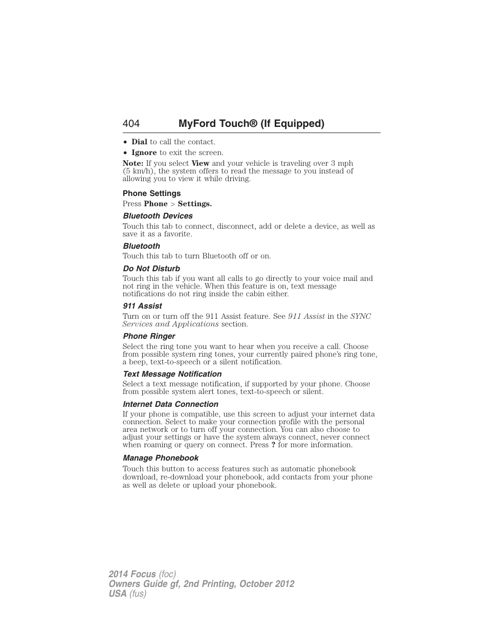 Phone settings, Bluetooth devices, Bluetooth | Do not disturb, 911 assist, Phone ringer, Text message notification, Internet data connection, Manage phonebook, 404 myford touch® (if equipped) | FORD 2014 Focus v.2 User Manual | Page 405 / 488