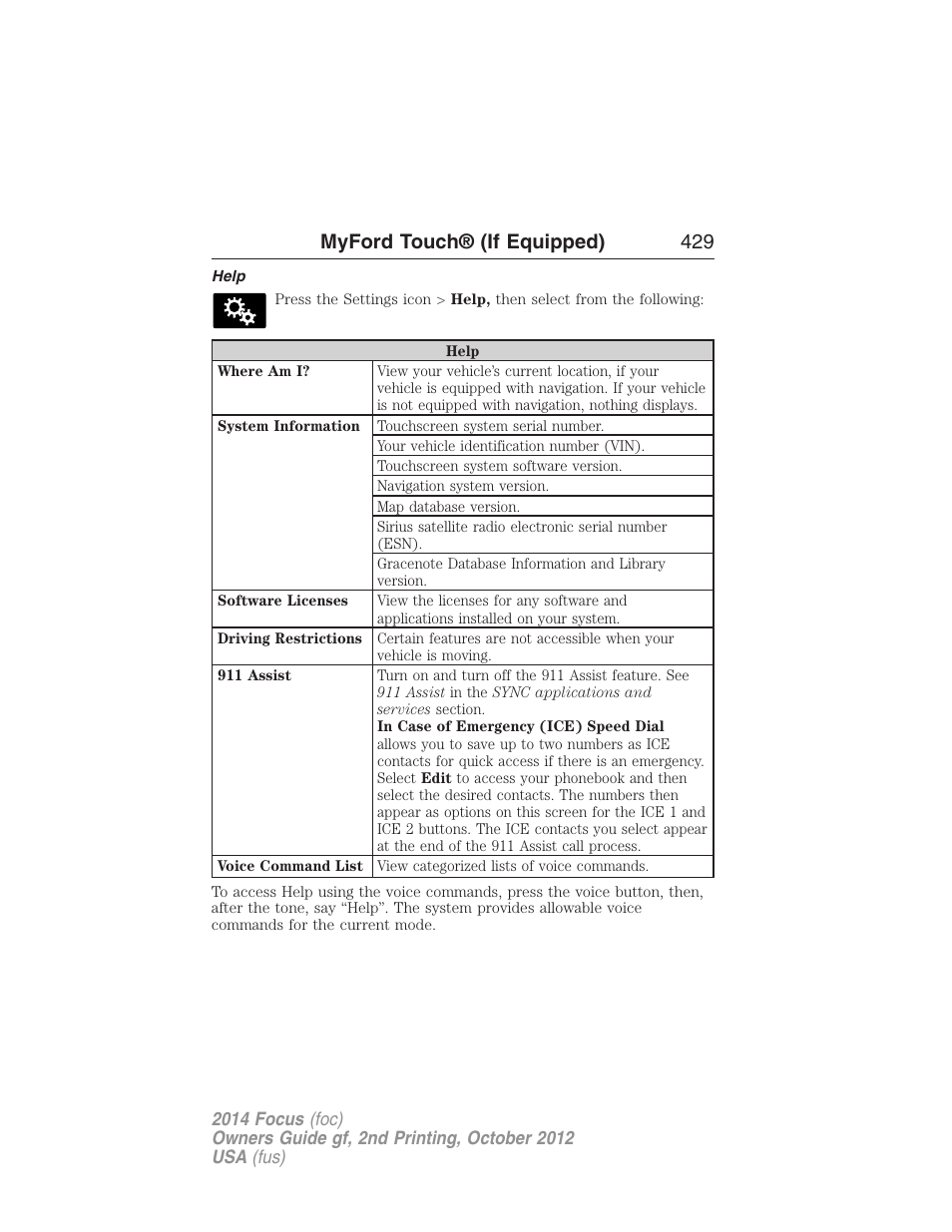 Help, Myford touch® (if equipped) 429 | FORD 2014 Focus v.2 User Manual | Page 430 / 488