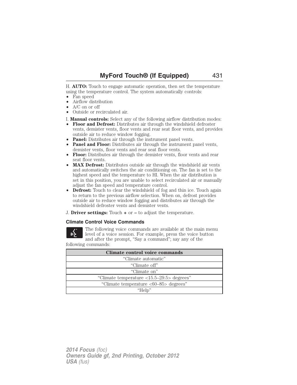 Climate control voice commands, Myford touch® (if equipped) 431 | FORD 2014 Focus v.2 User Manual | Page 432 / 488