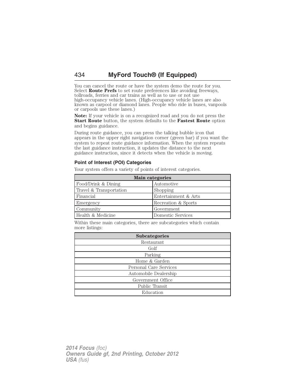 Point of interest (poi) categories, 434 myford touch® (if equipped) | FORD 2014 Focus v.2 User Manual | Page 435 / 488