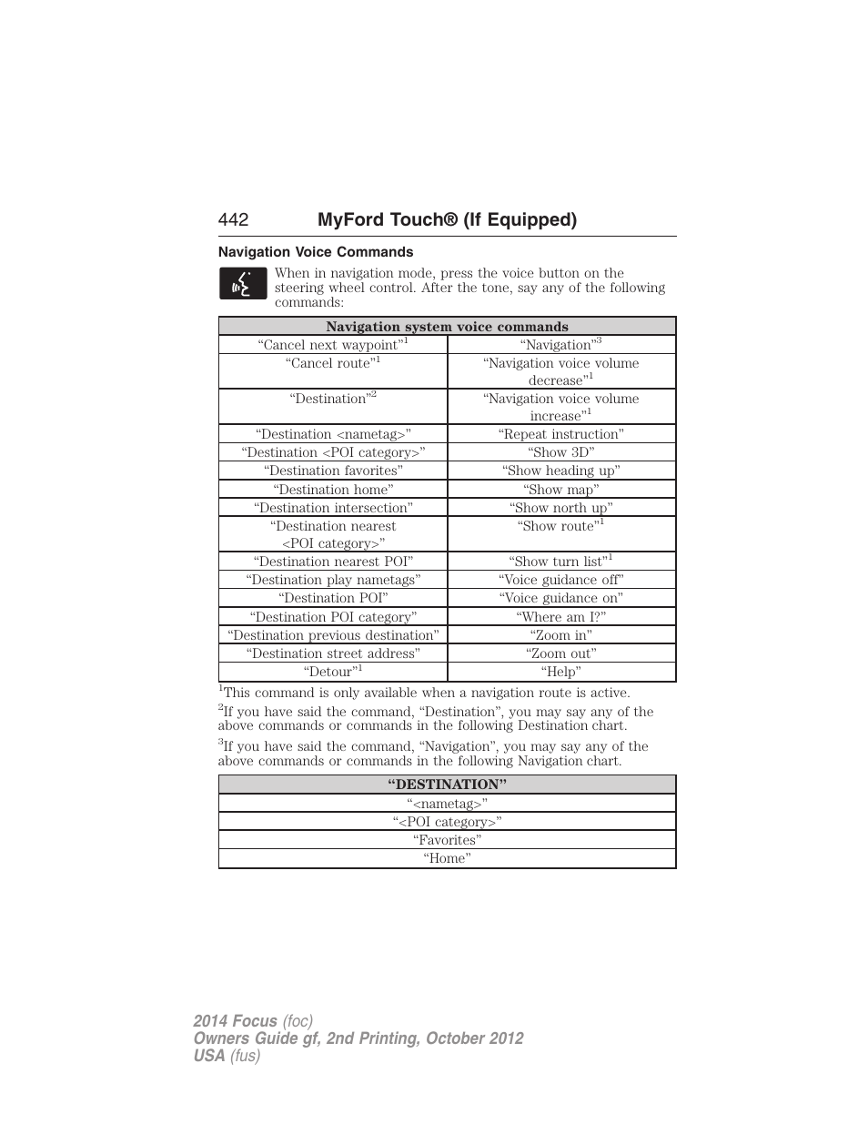 Navigation voice commands, 442 myford touch® (if equipped) | FORD 2014 Focus v.2 User Manual | Page 443 / 488