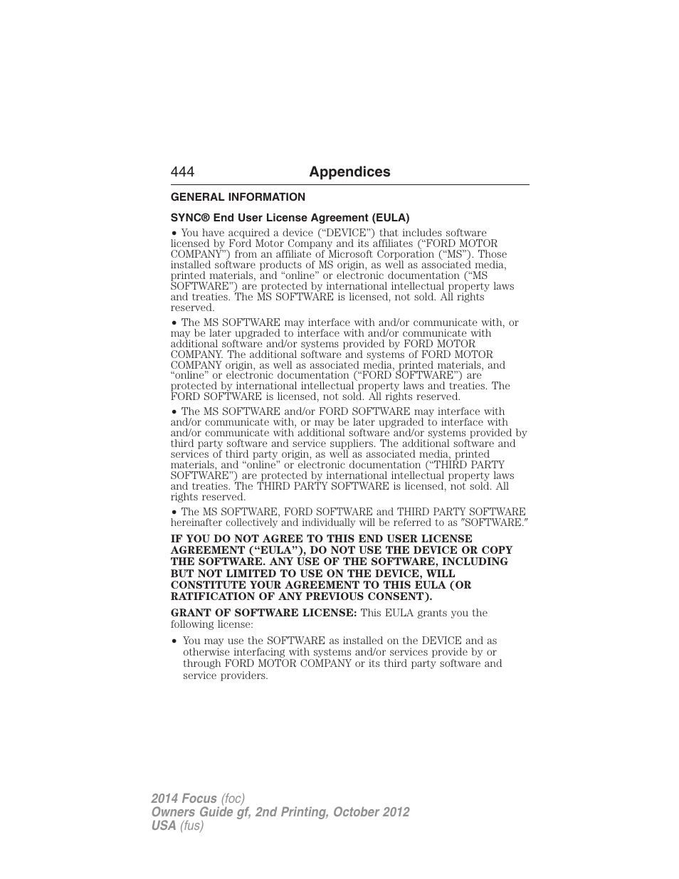 Appendices, General information, Sync® end user license agreement (eula) | 444 appendices | FORD 2014 Focus v.2 User Manual | Page 445 / 488