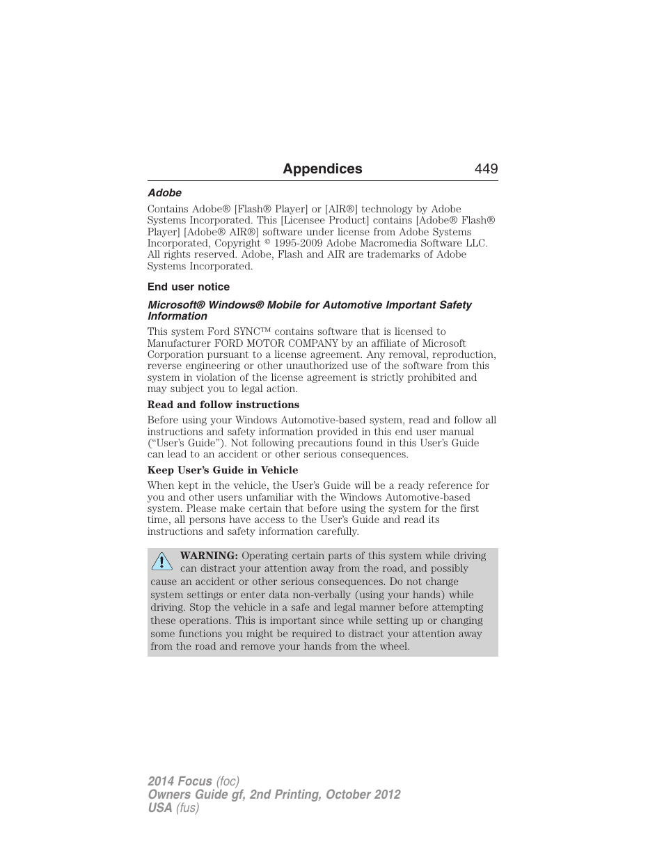 Adobe, End user notice, Appendices 449 | FORD 2014 Focus v.2 User Manual | Page 450 / 488