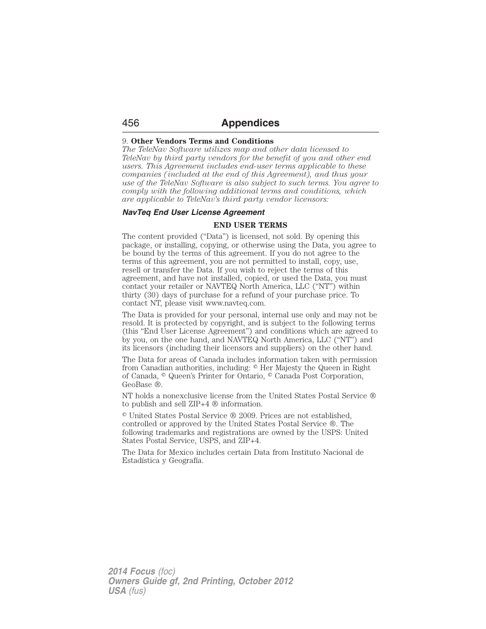 Navteq end user license agreement, 456 appendices | FORD 2014 Focus v.2 User Manual | Page 457 / 488