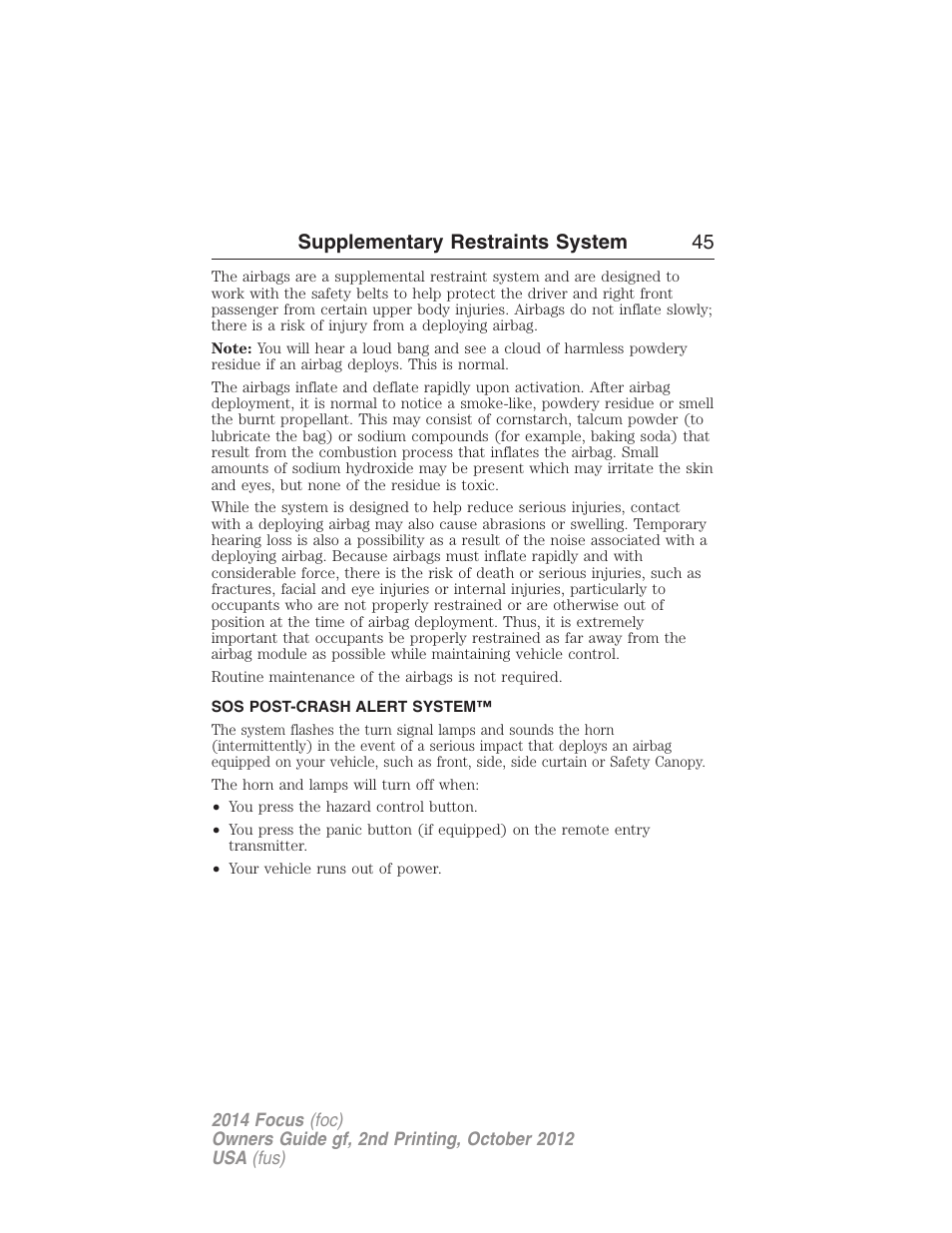 Sos post-crash alert system, Supplementary restraints system 45 | FORD 2014 Focus v.2 User Manual | Page 46 / 488