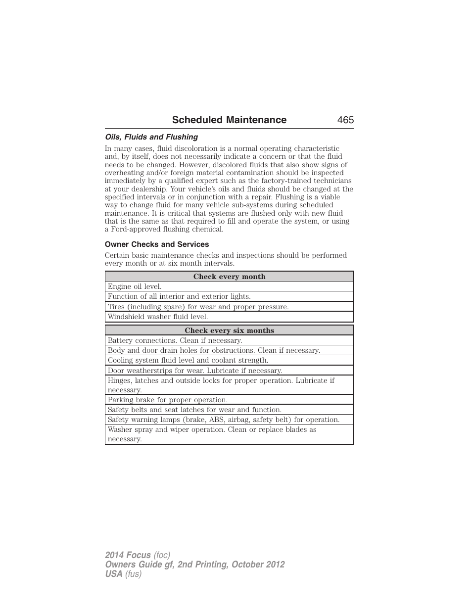 Oils, fluids and flushing, Owner checks and services, Scheduled maintenance 465 | FORD 2014 Focus v.2 User Manual | Page 466 / 488