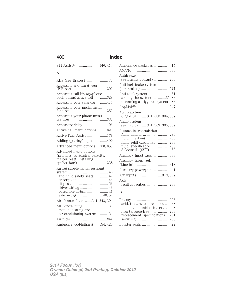 Index, 480 index | FORD 2014 Focus v.2 User Manual | Page 481 / 488