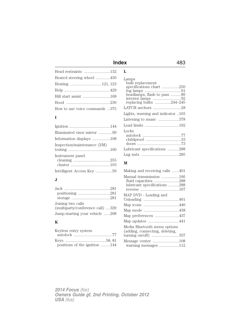 Index 483 | FORD 2014 Focus v.2 User Manual | Page 484 / 488