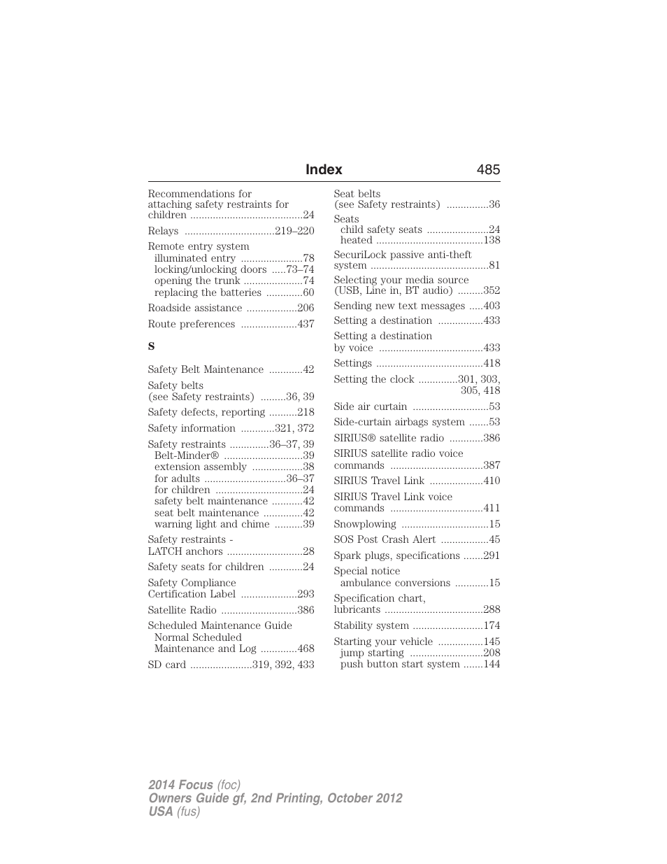 Index 485 | FORD 2014 Focus v.2 User Manual | Page 486 / 488