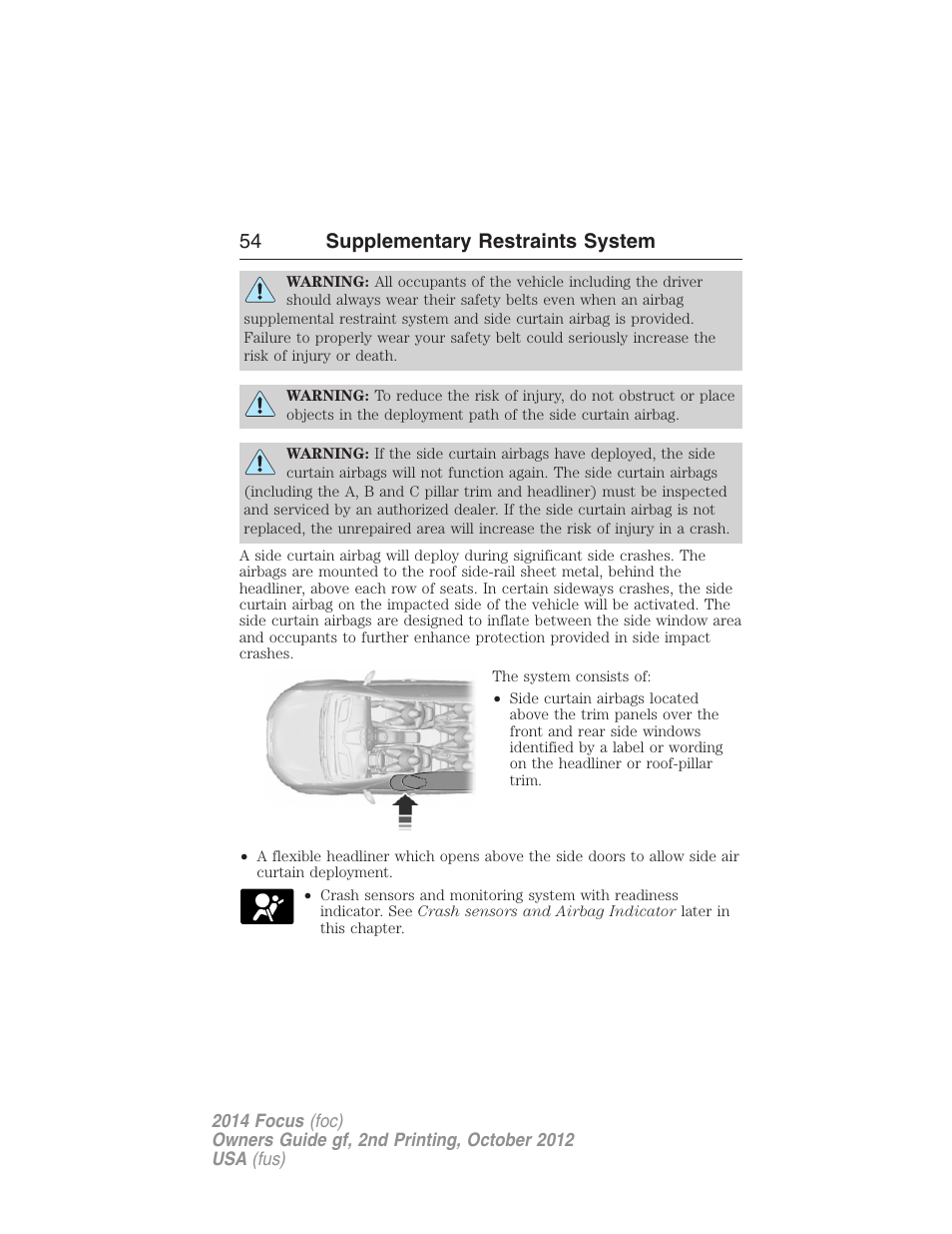 54 supplementary restraints system | FORD 2014 Focus v.2 User Manual | Page 55 / 488