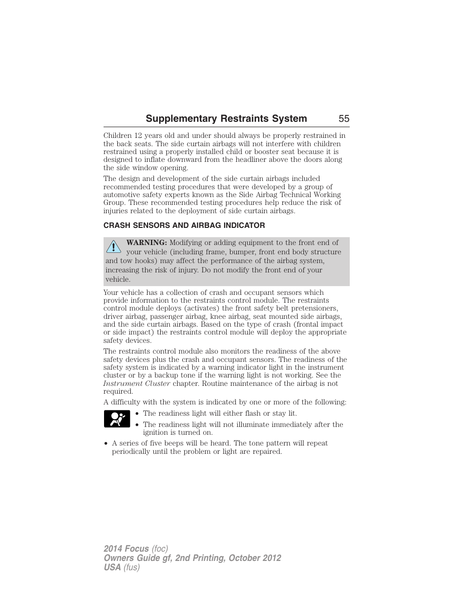 Crash sensors and airbag indicator, Supplementary restraints system 55 | FORD 2014 Focus v.2 User Manual | Page 56 / 488