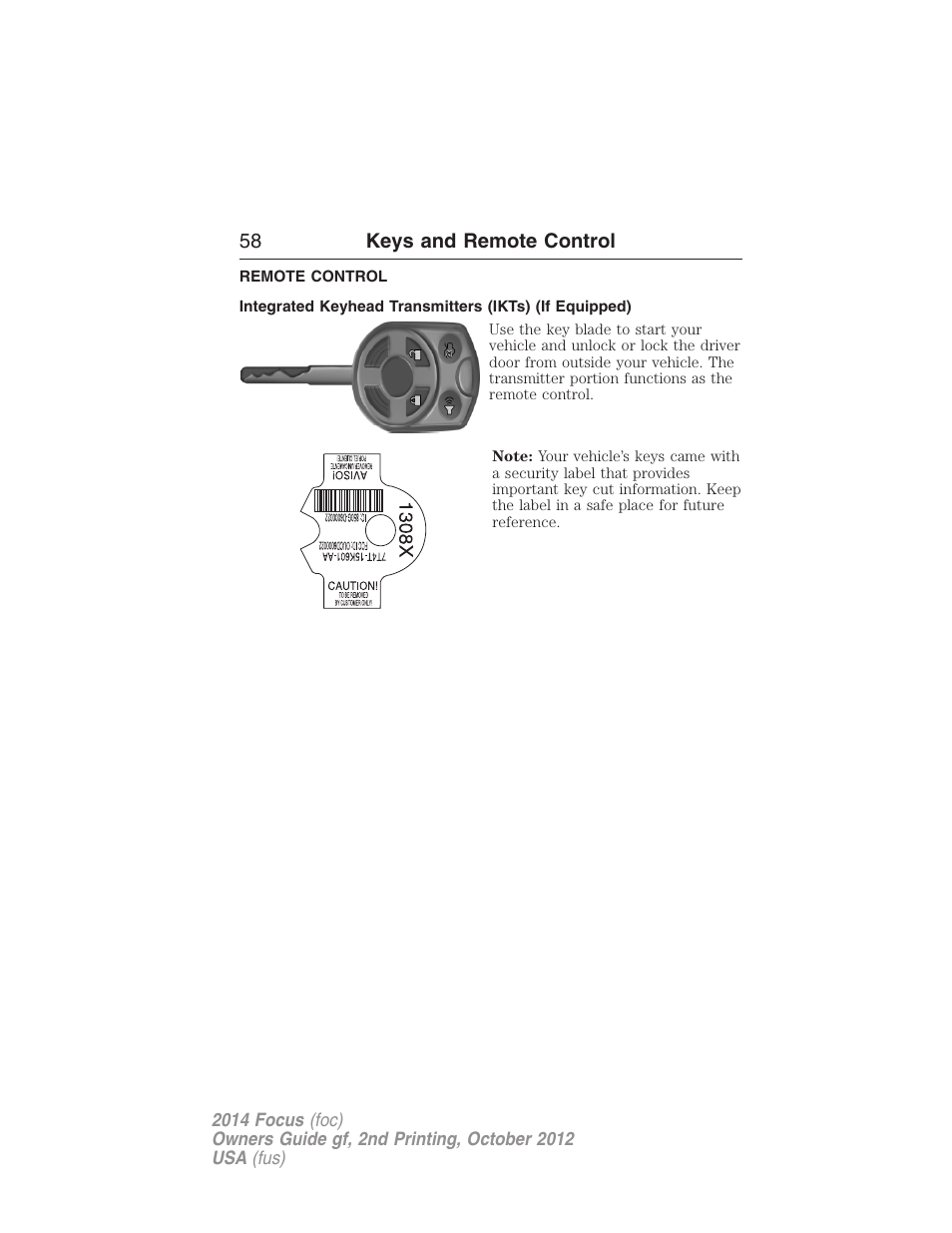 Remote control, Keys | FORD 2014 Focus v.2 User Manual | Page 59 / 488