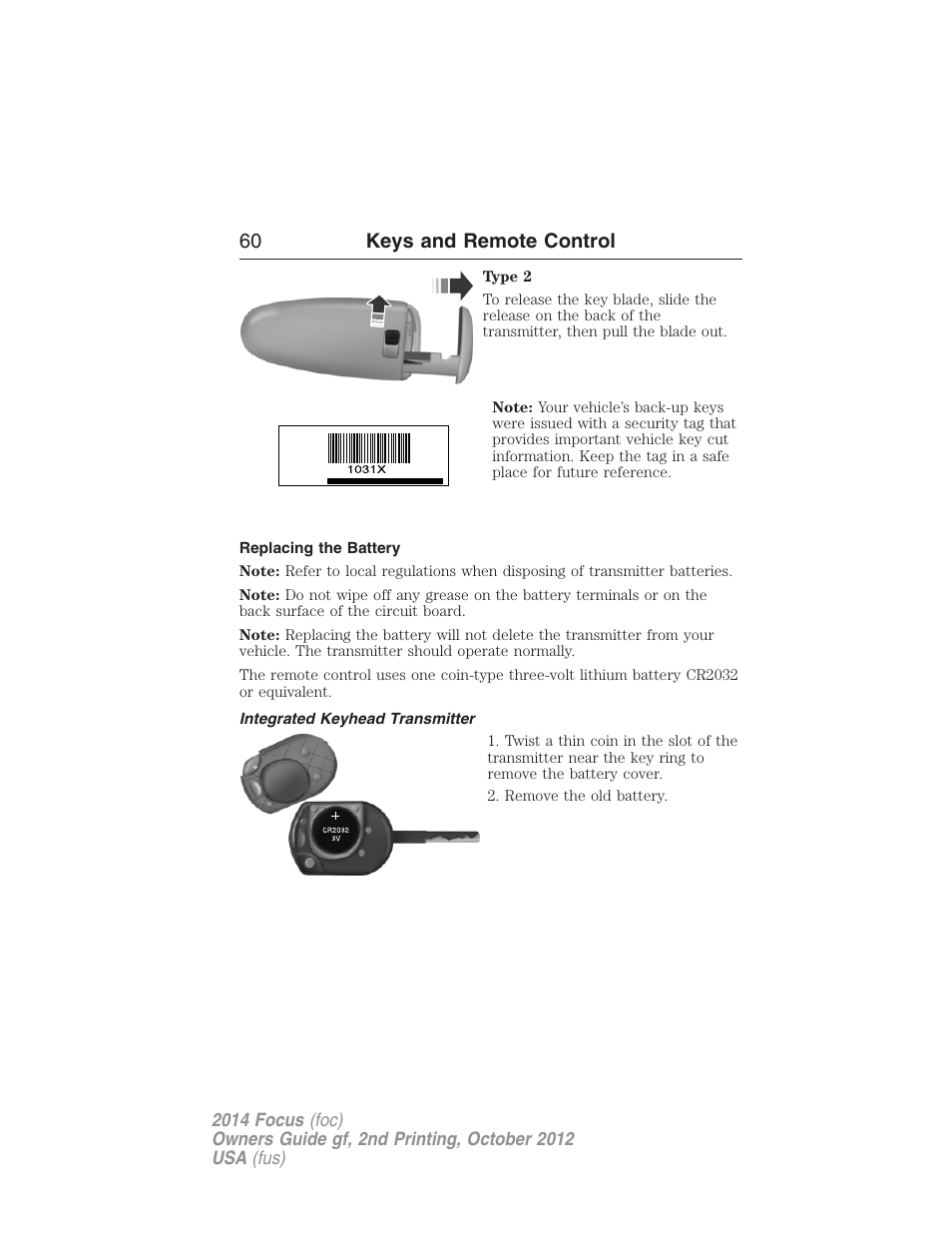 Replacing the battery, Integrated keyhead transmitter, 60 keys and remote control | FORD 2014 Focus v.2 User Manual | Page 61 / 488